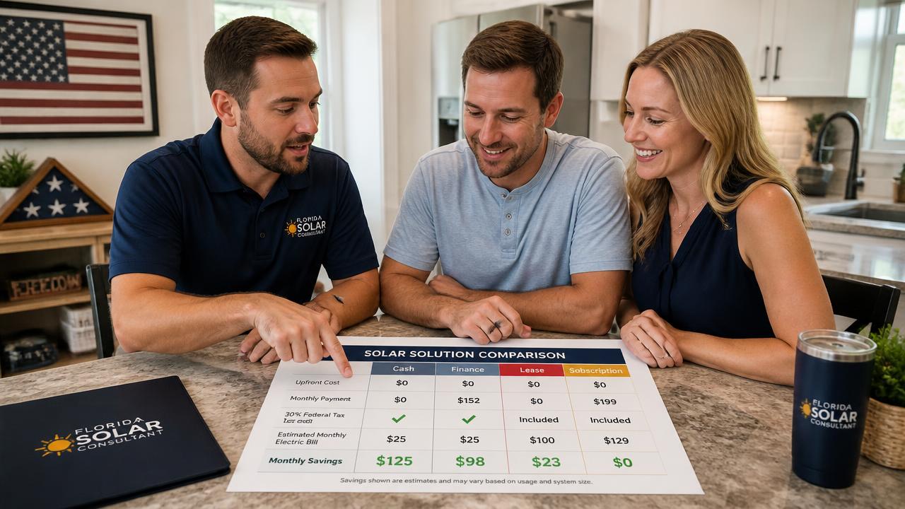 Side-by-side comparison of traditional utility meter versus modern solar inverter and battery equipment on a Florida home