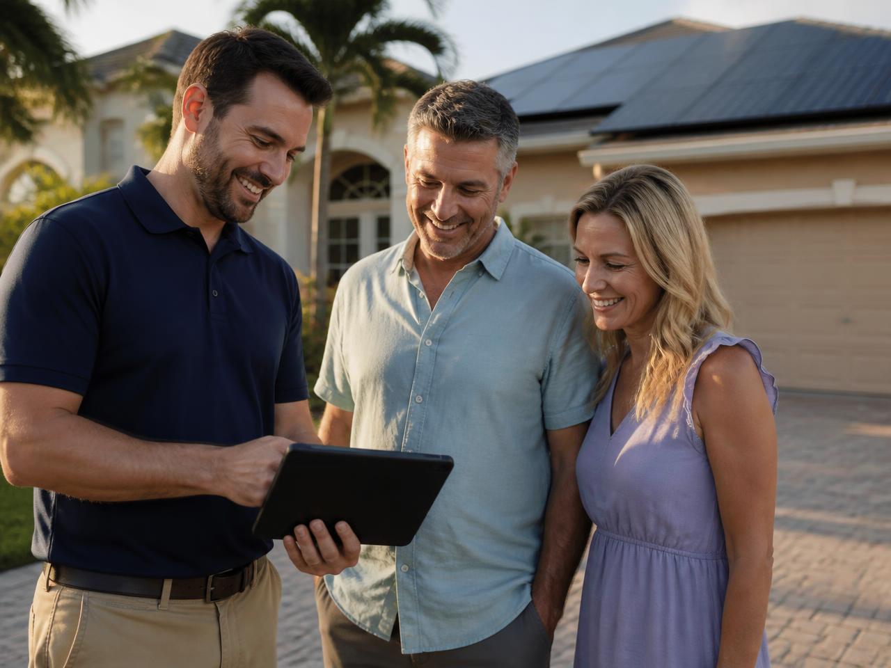 United Solar Agency specialist reviewing a savings analysis with Florida homeowners