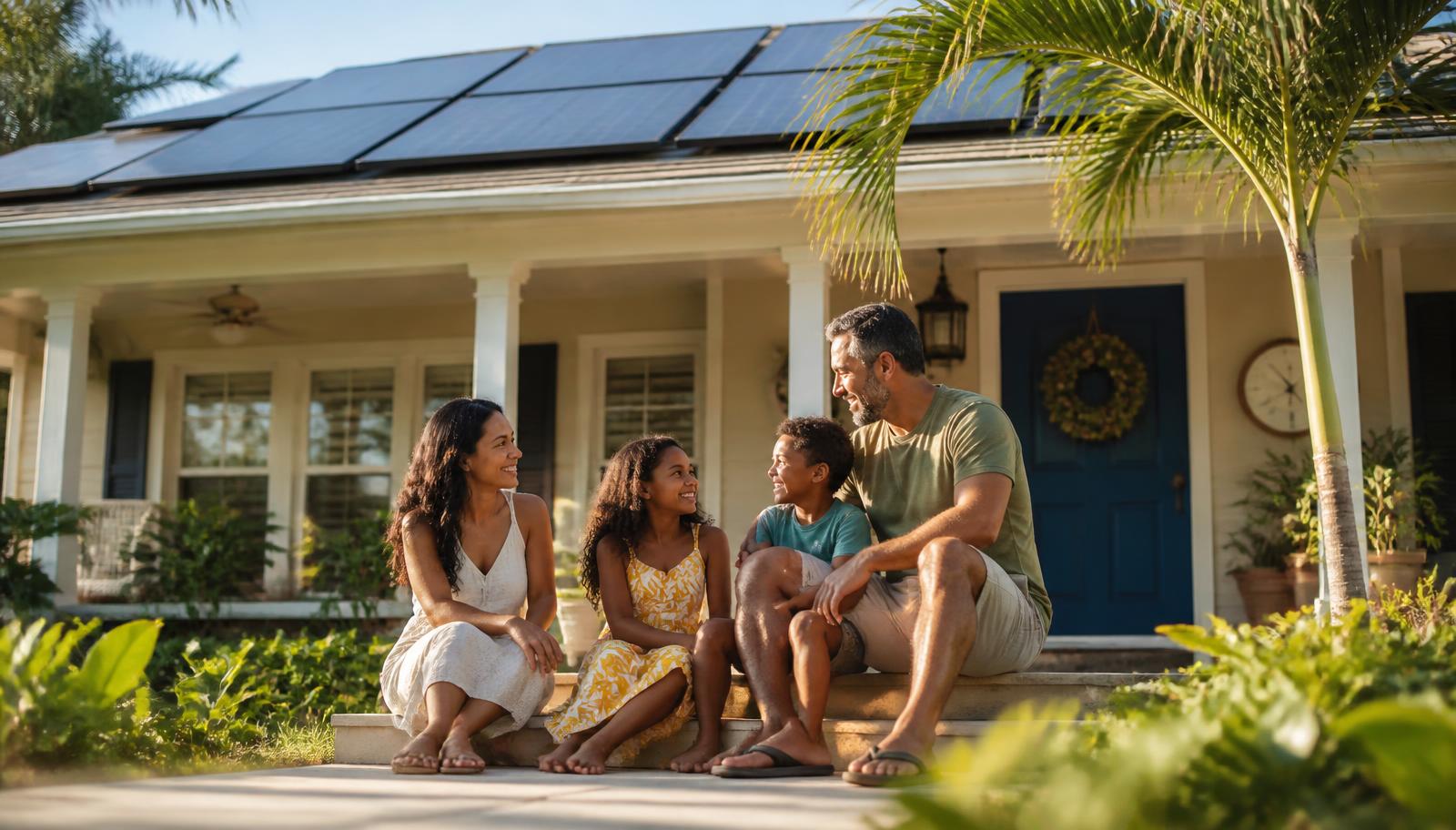 Florida family relaxing outside their home with rooftop solar panels