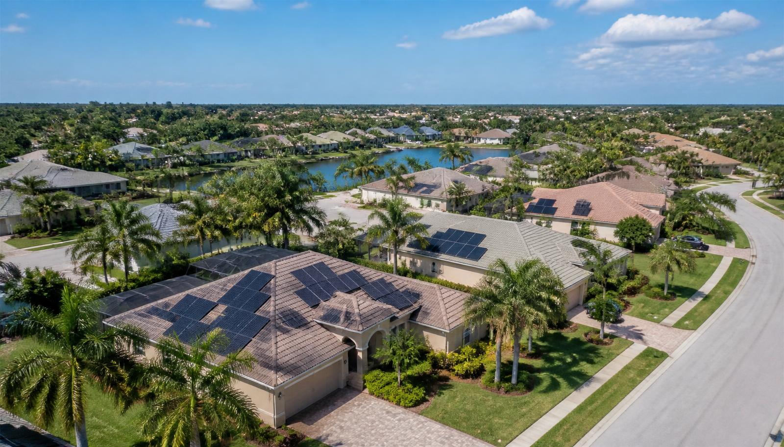 Aerial view of a Florida neighborhood with rooftop solar panels