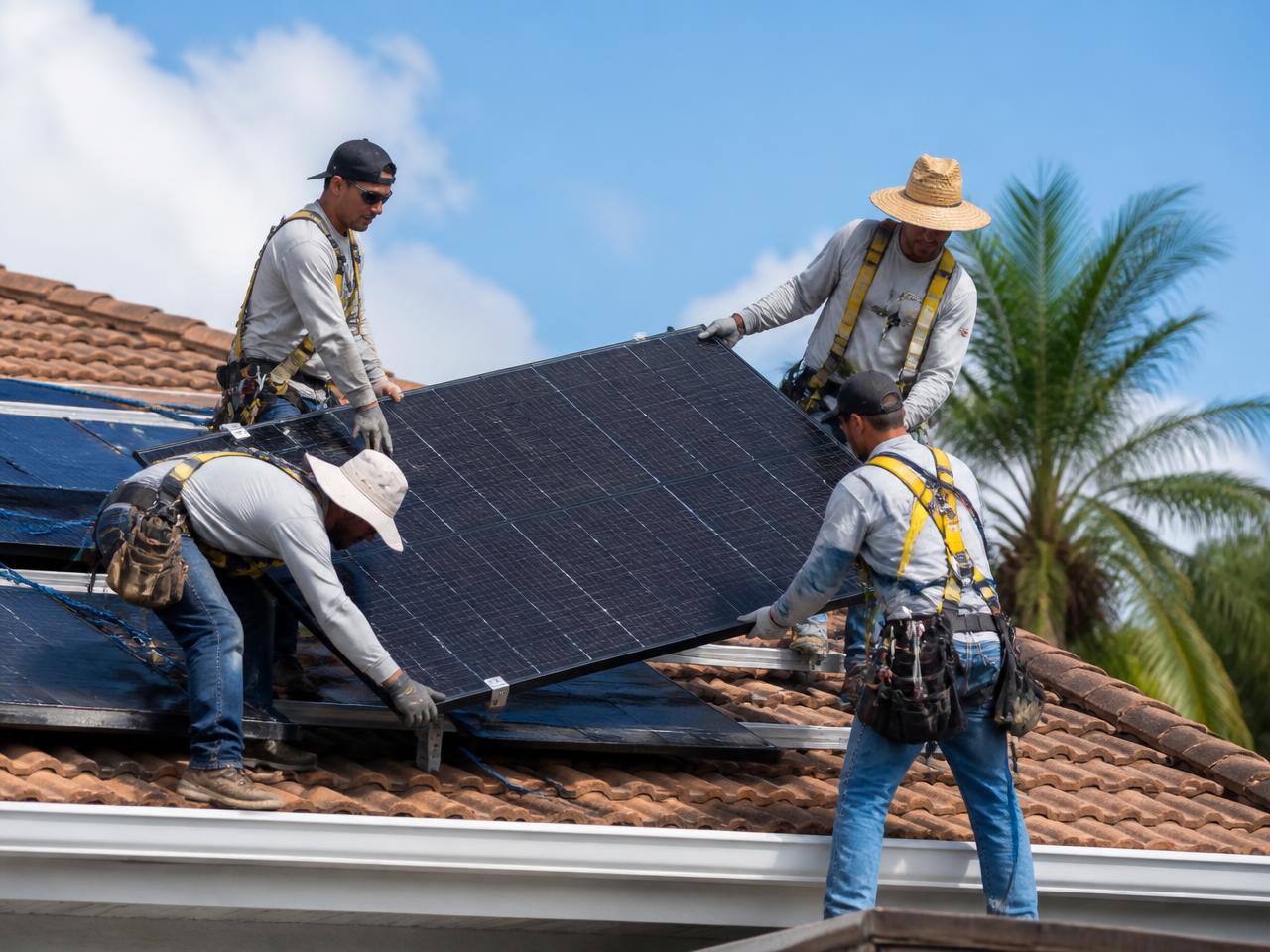 Crew removing solar panels from a Florida tile roof for a re-roof